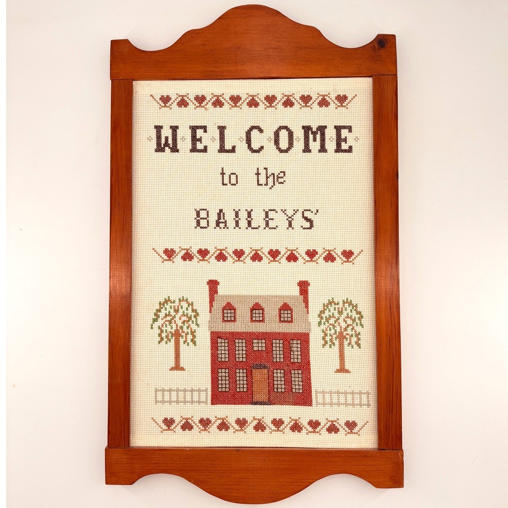 Vintage Handmade Cross Stitch Welcome‎ Baileys Colonial House Wood Frame 24x14.5